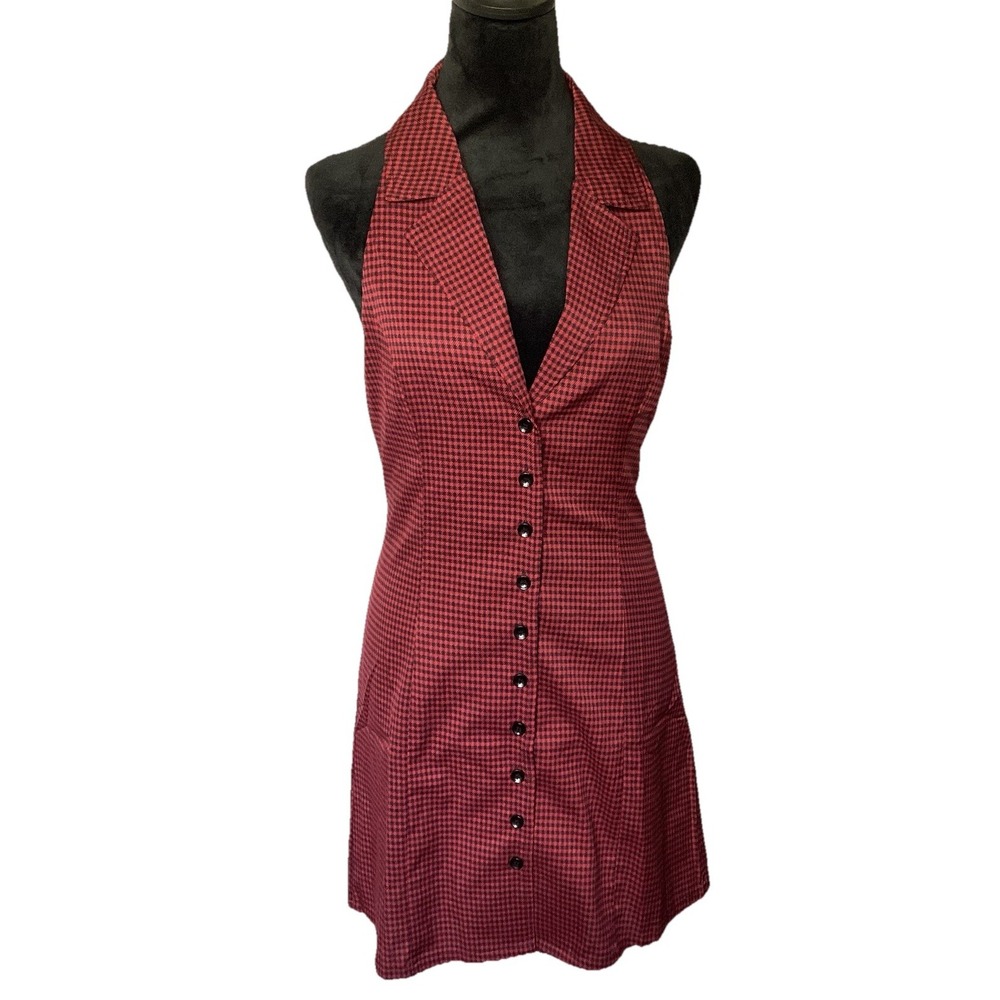 NWT Emory Park Sleeveless V Neck Halter Vest Short Checkered Button Up dress Red
